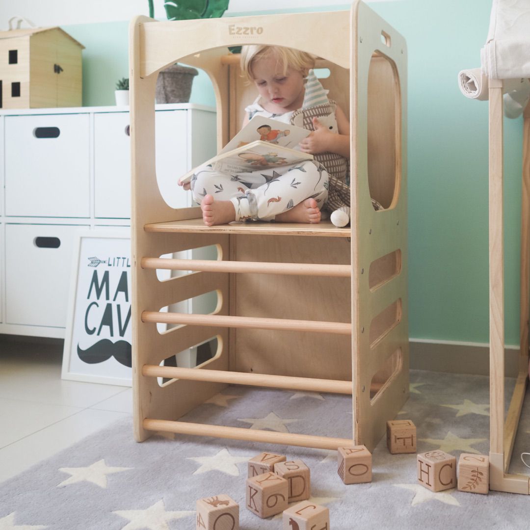 Ezzro Natural Learning Play Tower with Duo slide/chalkboard