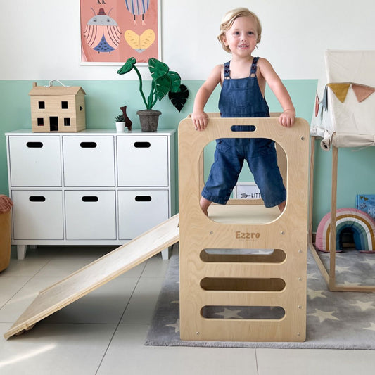 Ezzro Natural Learning Play Tower with Duo slide/chalkboard