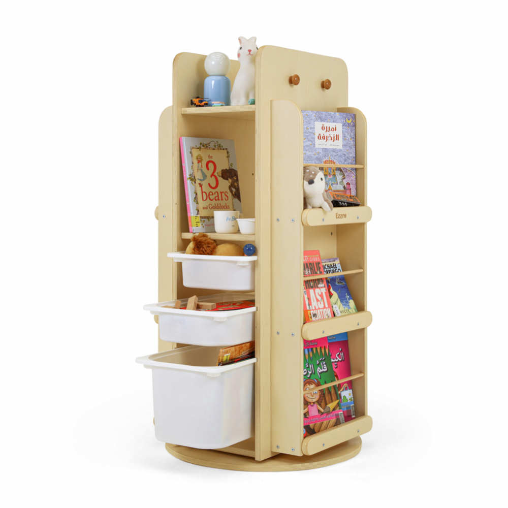 Ezzro Library Rotating Bookshelf & 3 storage boxes Natural color