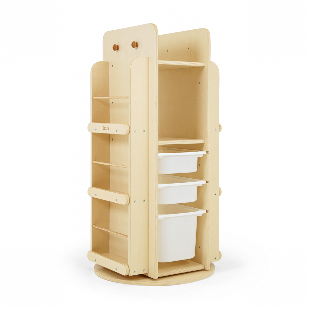 Ezzro Library Rotating Bookshelf & 3 storage boxes Natural color